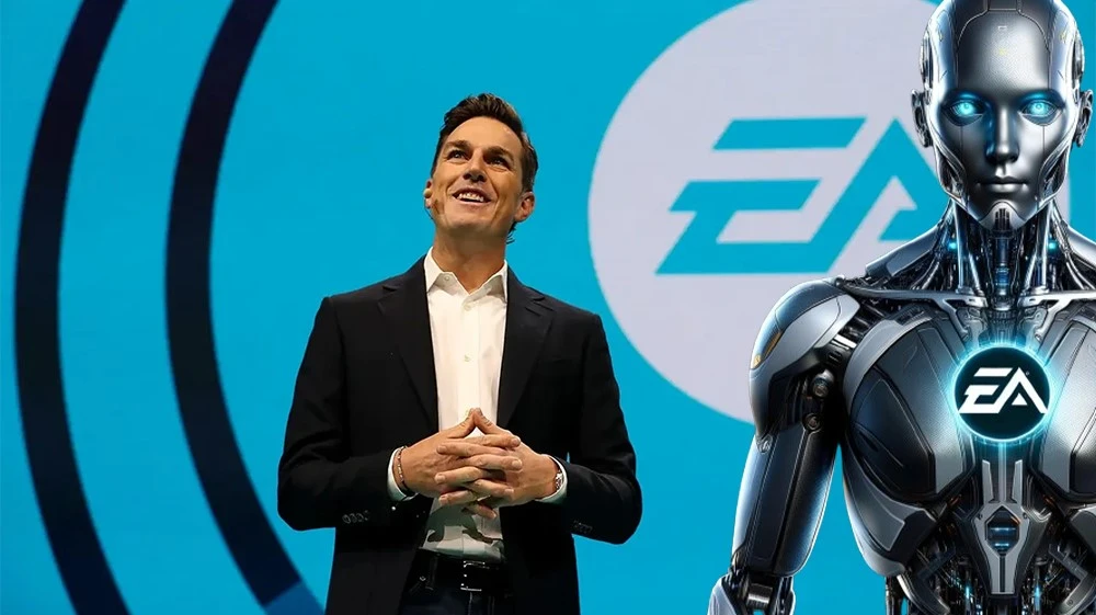 Dirigente di Electronic Arts insieme a un robot futuristico con il logo di EA sul petto, su uno sfondo con il logo EA.