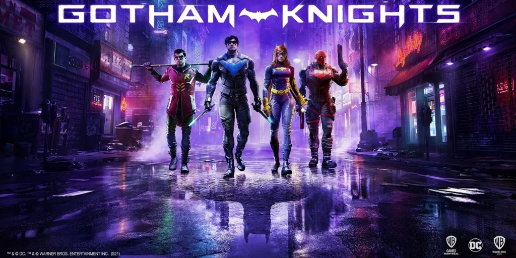 mmagine del gioco Gotham Knights con i personaggi Robin, Nightwing, Batgirl e Cappuccio Rosso, disponibile in sconto per PC.