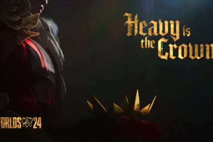 Immagine promozionale dei mondiali di League of Legends 2024 con il tema "Heavy is the Crown", raffigurante un personaggio che tiene una corona dorata, enfatizzando il peso della vittoria.