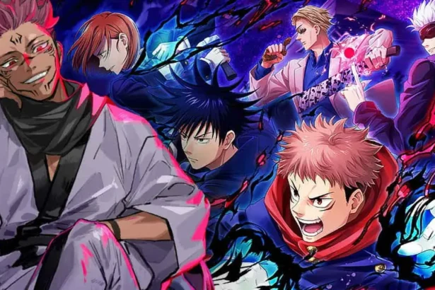 Yuji Itadori Sukuna, Satoru Gojo, Megumi Fushiguro e Nobara Kugisaki nel poster promozionale della terza stagione di Jujutsu Kaisen.