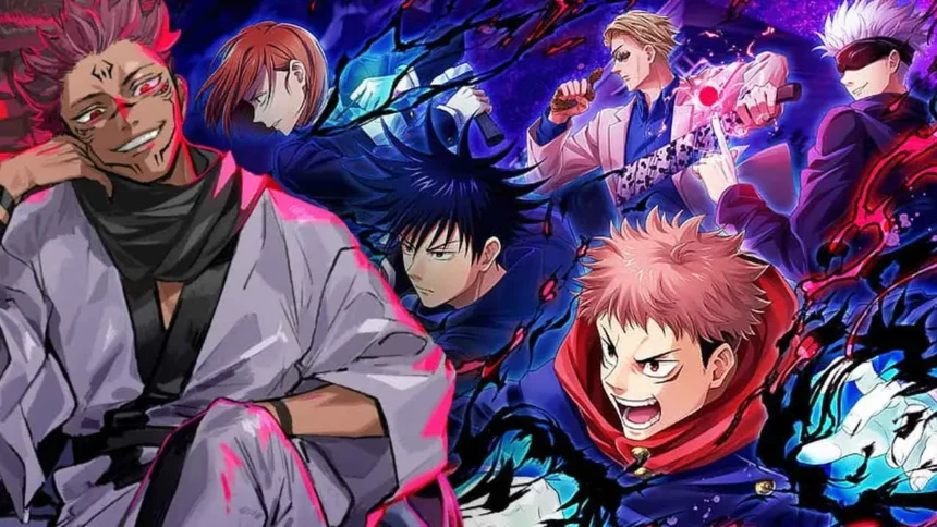 Yuji Itadori Sukuna, Satoru Gojo, Megumi Fushiguro e Nobara Kugisaki nel poster promozionale della terza stagione di Jujutsu Kaisen.