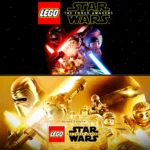Immagine promozionale del videogioco LEGO Star Wars: The Force Awakens, che raffigura i personaggi principali della saga in versione LEGO. Nella parte superiore dell'immagine sono presenti Kylo Ren, Finn e Rey, che impugnano spade laser, mentre sullo sfondo si vedono le stelle. La parte inferiore mostra una versione dorata dei personaggi principali, con Kylo Ren e Rey in primo piano.