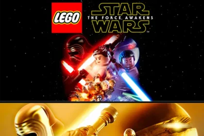 Immagine promozionale del videogioco LEGO Star Wars: The Force Awakens, che raffigura i personaggi principali della saga in versione LEGO. Nella parte superiore dell'immagine sono presenti Kylo Ren, Finn e Rey, che impugnano spade laser, mentre sullo sfondo si vedono le stelle. La parte inferiore mostra una versione dorata dei personaggi principali, con Kylo Ren e Rey in primo piano.