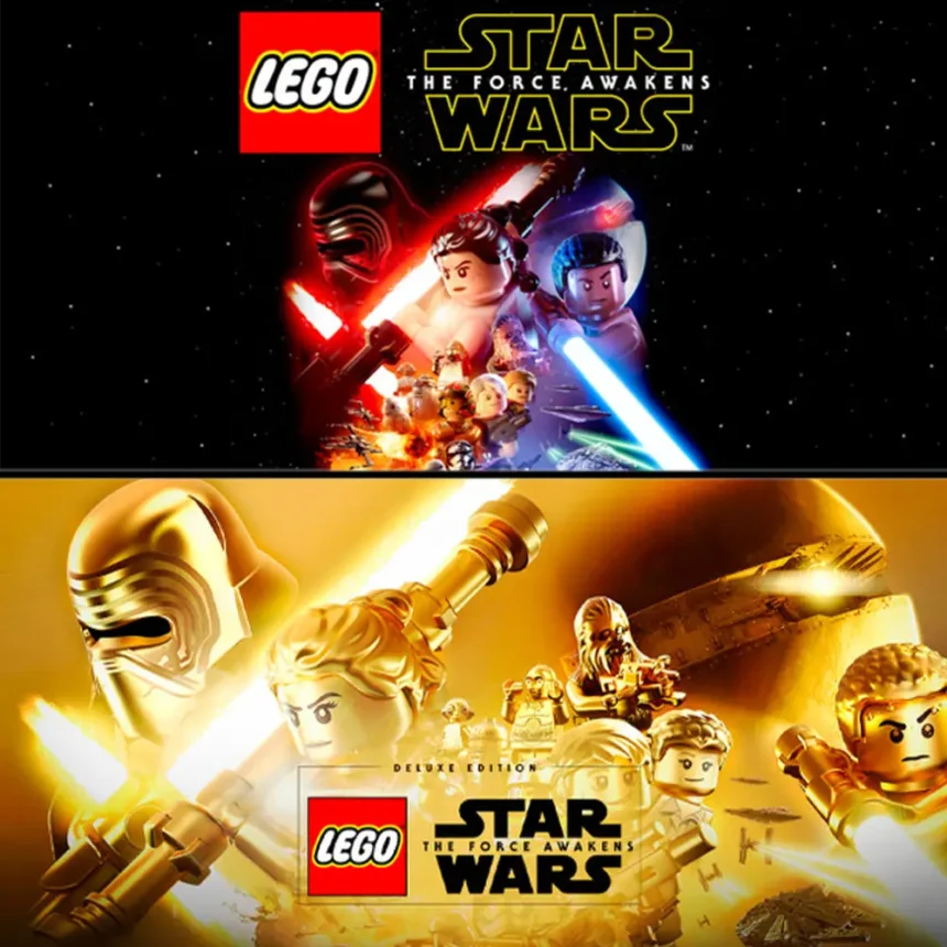 Immagine promozionale del videogioco LEGO Star Wars: The Force Awakens, che raffigura i personaggi principali della saga in versione LEGO. Nella parte superiore dell'immagine sono presenti Kylo Ren, Finn e Rey, che impugnano spade laser, mentre sullo sfondo si vedono le stelle. La parte inferiore mostra una versione dorata dei personaggi principali, con Kylo Ren e Rey in primo piano.