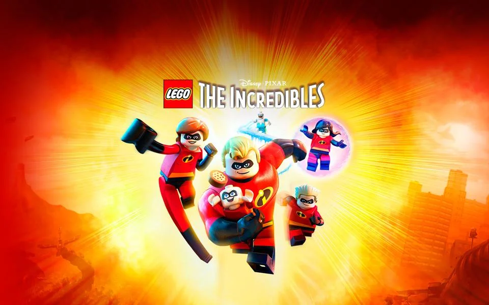 Personaggi LEGO da The Incredibles, tra cui Mr. Incredible, Elastigirl, Jack-Jack, Violet e Dash, pronti all'azione con sfondo infuocato, disponibile su PC, Xbox e Nintendo Switch con sconti su Instant Gaming.