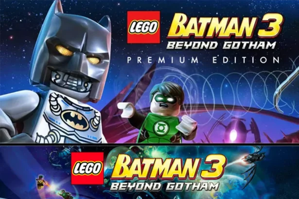Immagine promozionale di LEGO Batman 3: Beyond Gotham Premium Edition con Batman e Lanterna Verde in versione LEGO pronti per una missione nello spazio.