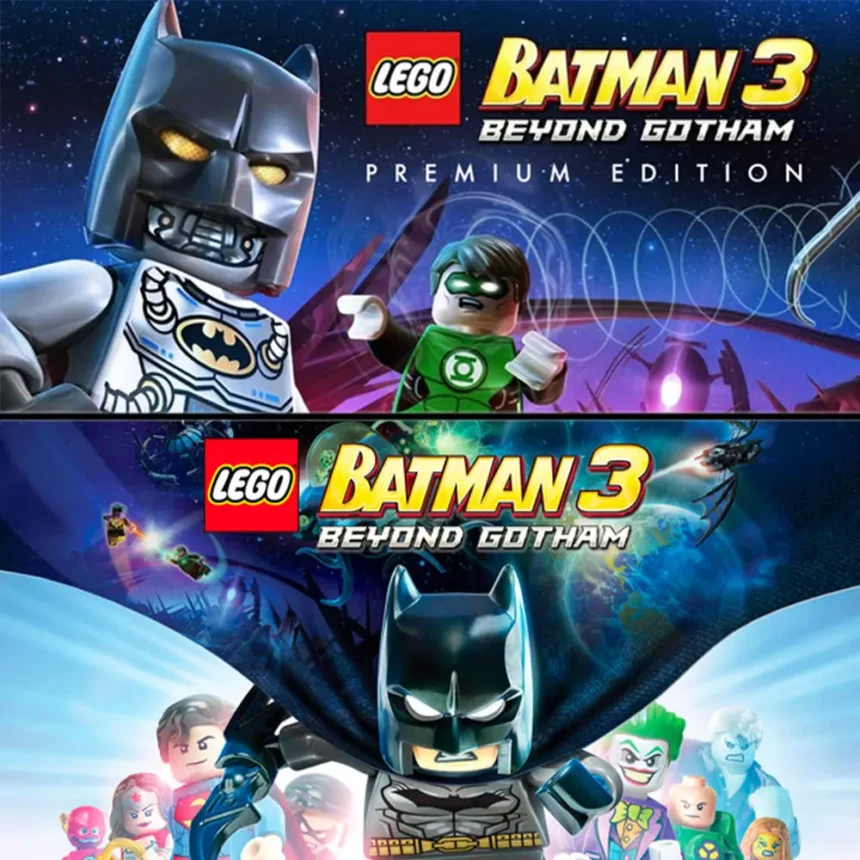 Immagine promozionale di LEGO Batman 3: Beyond Gotham Premium Edition con Batman e Lanterna Verde in versione LEGO pronti per una missione nello spazio.