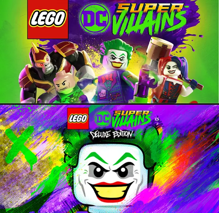 mmagine promozionale di Lego DC Super Villains Deluxe Edition per PC e Xbox in offerta con Joker, Harley Quinn, e altri personaggi