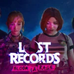 Quattro ragazze adolescenti con espressioni serie e ombreggiate sono illuminate da luci al neon viola e blu. La scritta Lost Records: Bloom & Rage appare davanti a loro.