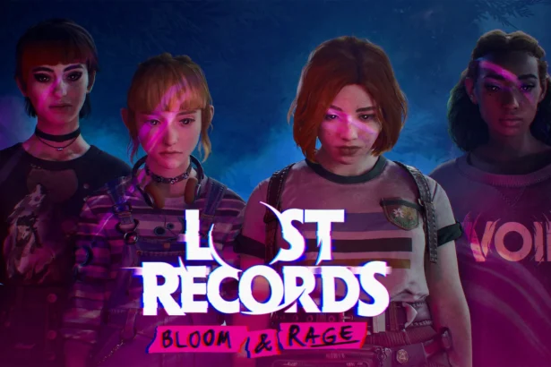 Quattro ragazze adolescenti con espressioni serie e ombreggiate sono illuminate da luci al neon viola e blu. La scritta Lost Records: Bloom & Rage appare davanti a loro.