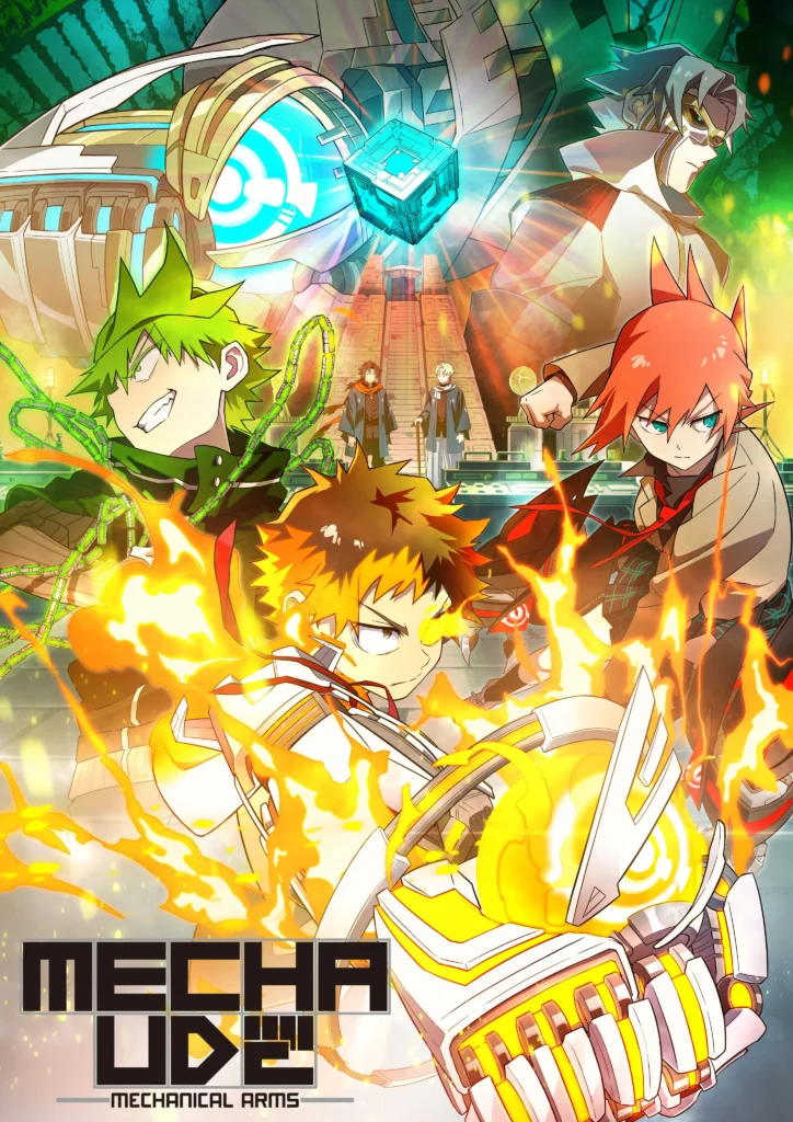 Poster dell'anime Mecha Ude con personaggi principali e mecha futuristici in azione, con sfondi tecnologici e dinamici, tipici dell'ambientazione mecha sci-fi.
