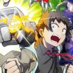 Giovane protagonista di Mecha Ude con un grande braccio meccanico, circondato da altri personaggi armati e potenti luci.