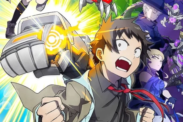 Giovane protagonista di Mecha Ude con un grande braccio meccanico, circondato da altri personaggi armati e potenti luci.