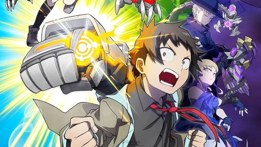 Giovane protagonista di Mecha Ude con un grande braccio meccanico, circondato da altri personaggi armati e potenti luci.
