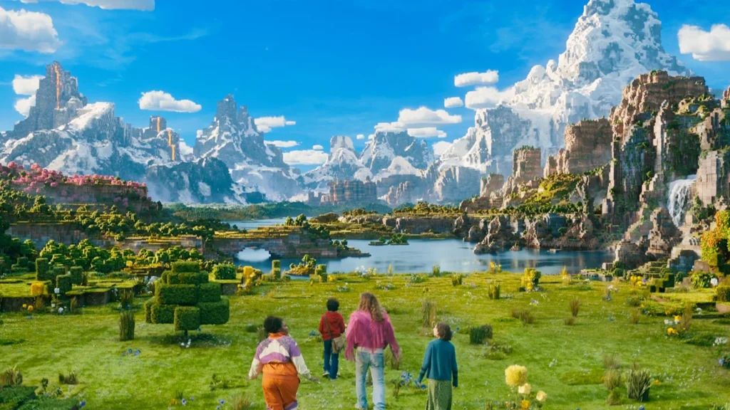 Panorama del mondo di Minecraft con il cast protagonista nel film