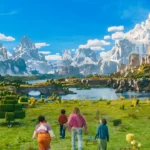 Panorama del mondo di Minecraft con il cast protagonista nel film