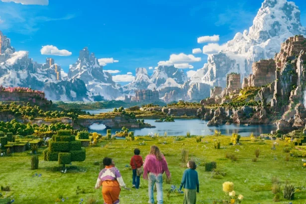 Panorama del mondo di Minecraft con il cast protagonista nel film