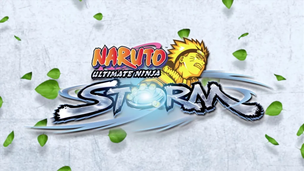 Logo del videogioco "Naruto Ultimate Ninja Storm" con un'illustrazione di Naruto mentre esegue un Rasengan, circondato da foglie verdi in movimento.