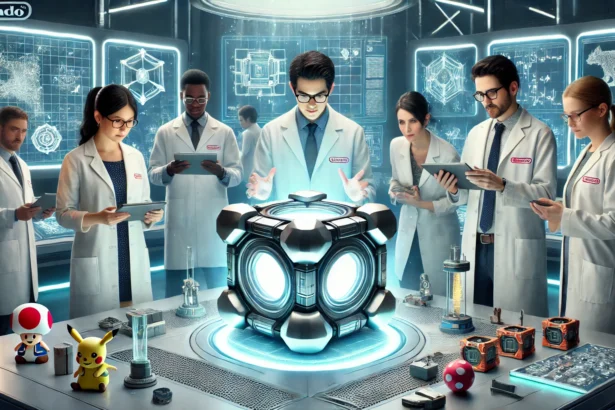 Un gruppo di scienziati con camici bianchi, marchiati Nintendo, esaminano un misterioso dispositivo luminoso futuristico in un laboratorio. Sul tavolo ci sono figure di Pikachu e Toad, con altri piccoli dispositivi tecnologici e monitor con progetti tecnici sullo sfondo.