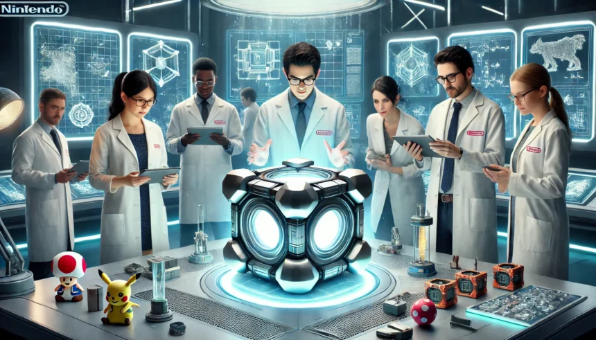 Un gruppo di scienziati con camici bianchi, marchiati Nintendo, esaminano un misterioso dispositivo luminoso futuristico in un laboratorio. Sul tavolo ci sono figure di Pikachu e Toad, con altri piccoli dispositivi tecnologici e monitor con progetti tecnici sullo sfondo.