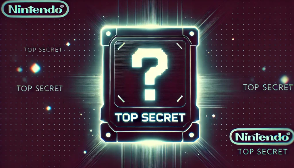 Dispositivo misterioso marchiato Nintendo con la scritta "Top Secret" illuminato da una luce intensa.