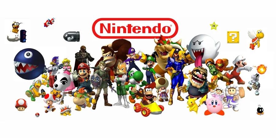 Collezione di personaggi iconici Nintendo tra cui Mario, Luigi, Donkey Kong, Pikachu, Kirby e molti altri, tutti insieme sotto il logo Nintendo.