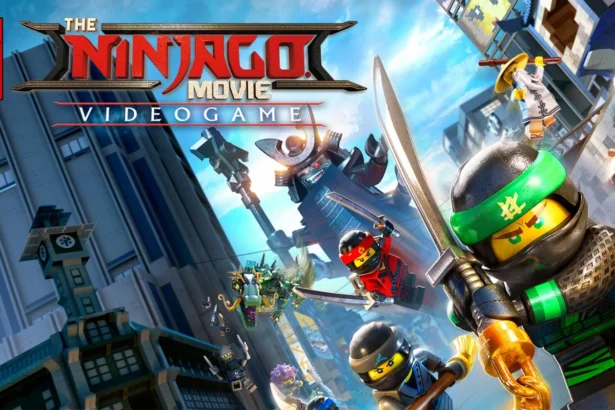 Scena d'azione del videogioco The LEGO Ninjago Movie, con personaggi LEGO ninja impegnati in una battaglia epica nella città di Ninjago.