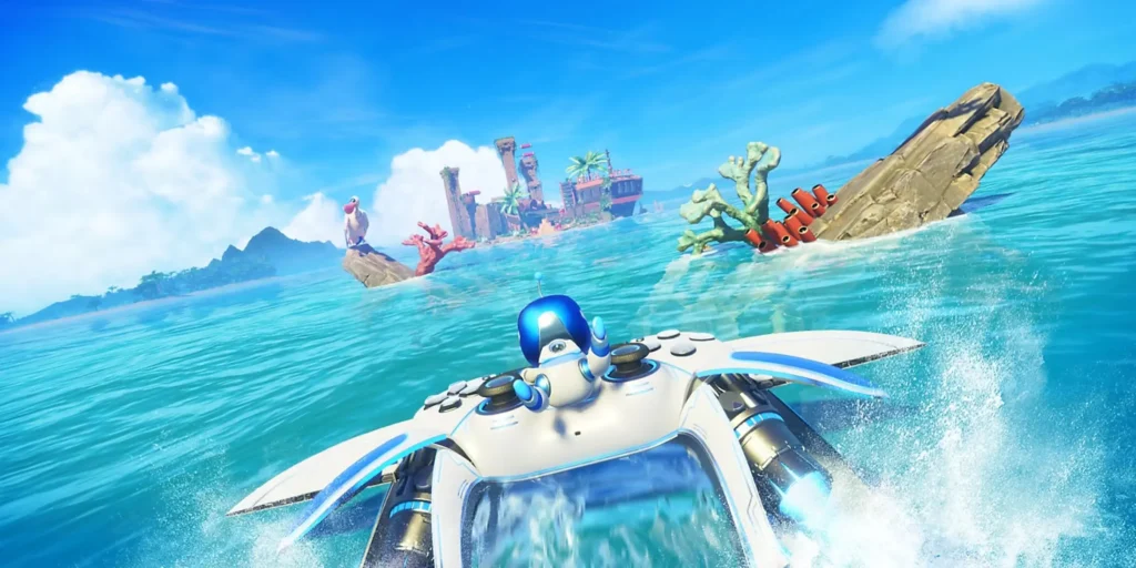 Astro Bot vola su un controller PlayStation in un ambiente tropicale, PS5.