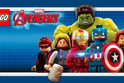Personaggi LEGO ispirati agli Avengers con sfondo blu e il logo LEGO Marvel Avengers in evidenza.