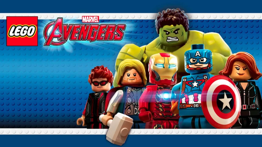 Personaggi LEGO ispirati agli Avengers con sfondo blu e il logo LEGO Marvel Avengers in evidenza.