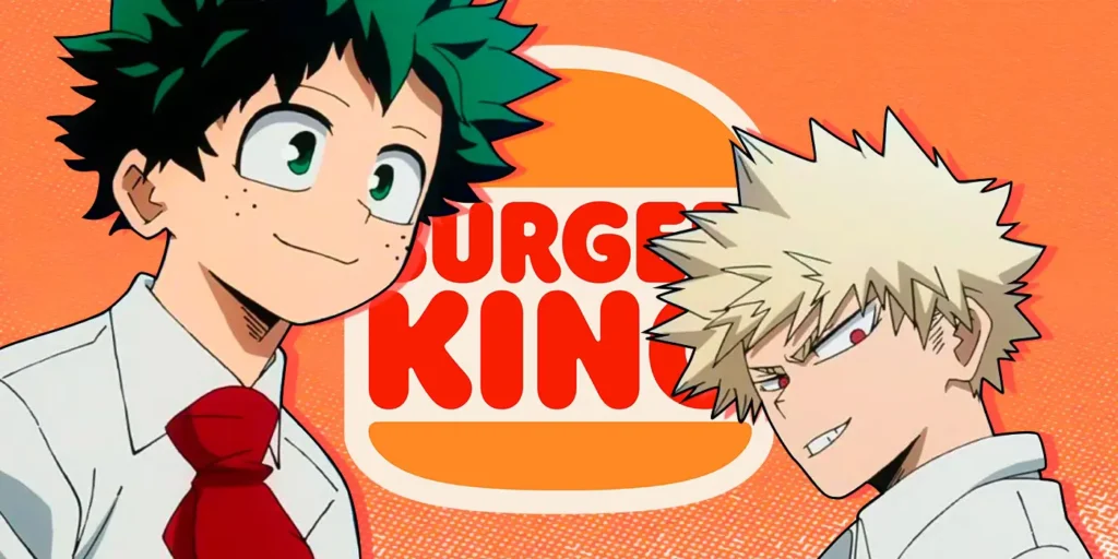 Personaggi di My Hero Academia, Midoriya e Bakugo, in posa davanti al logo di Burger King