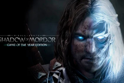 Immagine promozionale di "Middle-Earth: Shadow of Mordor - Game of the Year Edition" con il protagonista, metà umano e metà spirito, con occhi luminosi e sfondo scuro.