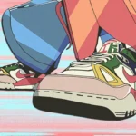 Dettaglio di scarpe Nike personalizzate in un'illustrazione d'animazione con uno stile anime, facente parte di una collaborazione tra Nike e il designer Nigo.