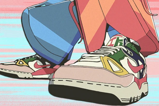 Dettaglio di scarpe Nike personalizzate in un'illustrazione d'animazione con uno stile anime, facente parte di una collaborazione tra Nike e il designer Nigo.