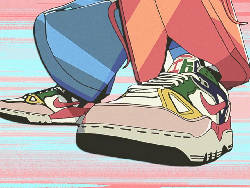 Dettaglio di scarpe Nike personalizzate in un'illustrazione d'animazione con uno stile anime, facente parte di una collaborazione tra Nike e il designer Nigo.