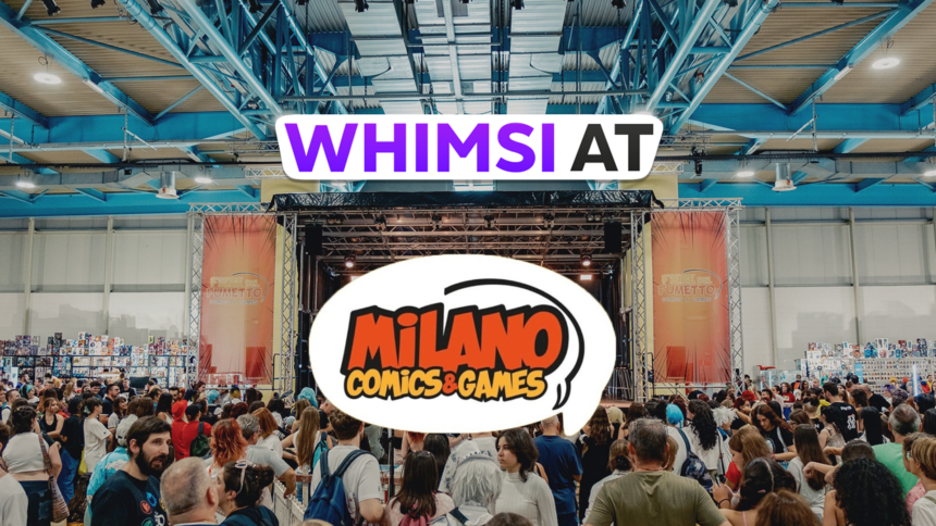 Whimsi Community alla fiera Milano Comics & Games, con una grande folla radunata davanti al palco principale, pronta per assistere agli eventi e alle presentazioni