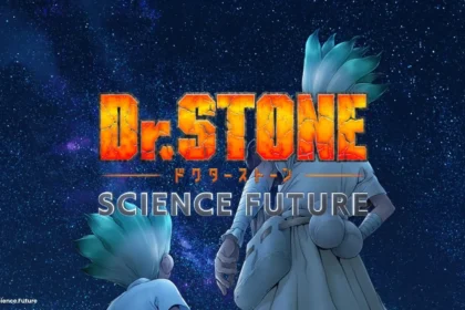 Personaggi di Dr. Stone guardano il vasto cielo stellato con il logo 'Dr. Stone: Science Future' al centro data e trailer dell ultima stagione.