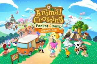 Alt Text: "Immagine promozionale di Animal Crossing Pocket Camp Complete, con personaggi animati in un campeggio festivo tra tende, alberi e decorazioni stagionali.