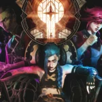 Jinx, Silco e Vi, personaggi principali di Arcane, posano in un'ambientazione oscura e distopica con un'iconica finestra illuminata sullo sfondo.