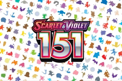 Logo di Scarlet & Violet 151 con le sagome colorate dei Pokémon di prima generazione sullo sfondo Blooming Waters Premium Collection