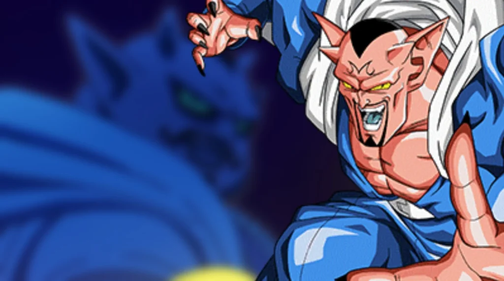 Dabura, il potente demone, in una posa d'attacco in Dragon Ball Daima, con sfumature luminose e un'ambientazione oscura.