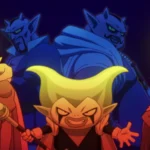 Personaggi di Dragon Ball Daima, con Abura, Darbula e altri misteriosi personaggi alieni, in una scena epica con colori vivaci.