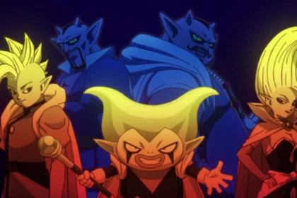 Personaggi di Dragon Ball Daima, con Abura, Darbula e altri misteriosi personaggi alieni, in una scena epica con colori vivaci.