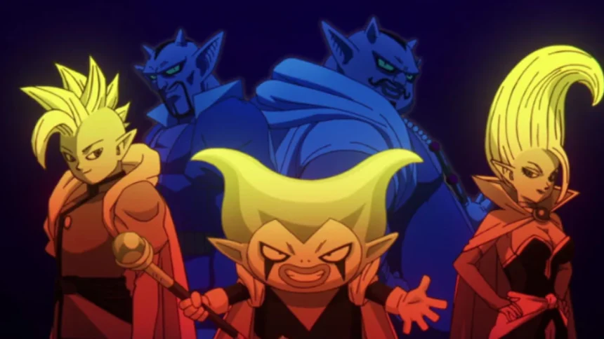Personaggi di Dragon Ball Daima, con Abura, Darbula e altri misteriosi personaggi alieni, in una scena epica con colori vivaci.