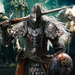 Guerriero con spada e scudo affronta nemici epici, incluse creature mitiche e bestie imponenti, in un paesaggio fantasy oscuro tratto dal gioco Elden Ring.