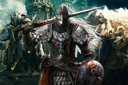 Guerriero con spada e scudo affronta nemici epici, incluse creature mitiche e bestie imponenti, in un paesaggio fantasy oscuro tratto dal gioco Elden Ring.