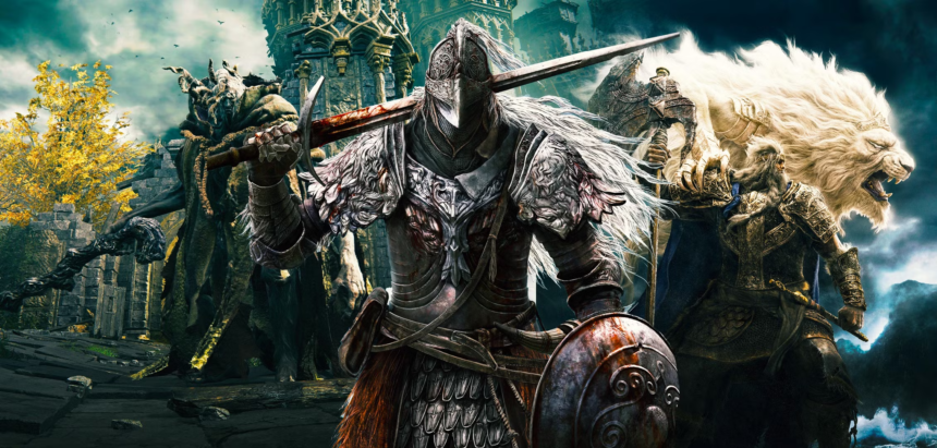 Guerriero con spada e scudo affronta nemici epici, incluse creature mitiche e bestie imponenti, in un paesaggio fantasy oscuro tratto dal gioco Elden Ring.