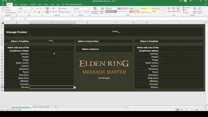 Foglio di calcolo Excel con il template Elden Ring Message Master, utilizzato per creare messaggi personalizzati all'interno del gioco.