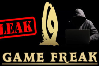Immagine che raffigura il logo di Game Freak con un timbro rosso 'LEAK' e una figura incappucciata al computer, rappresentando il recente attacco hacker subito dallo sviluppatore di Pokémon.