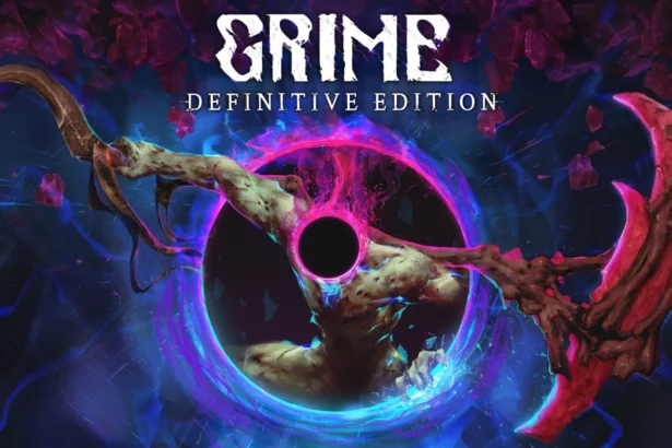 Copertina del videogioco 'Grime: Definitive Edition' con una figura umanoide che emerge da un portale oscuro, brandendo una grande arma dall'aspetto organico ora Gratis.